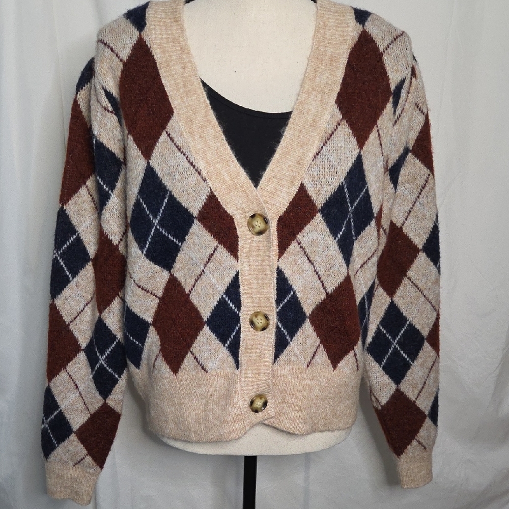 NWT Women's Medium RD‎ Style Argyle Cardigan Made With Recycled Materials